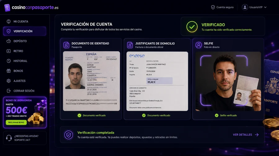 Pantalla de verificación de identidad con pasaporte y justificante de domicilio